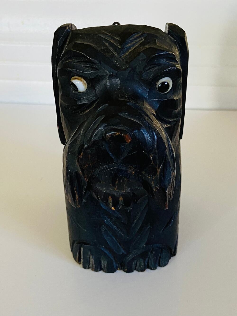 VINTAGE Carved Wooden Terrier Dog Brush Holder Glass Eyes Black Forest Germany